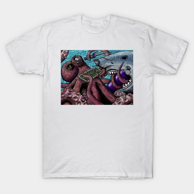 Giant Pacific Octopus versus Great White Shark T-Shirt by Octomanart